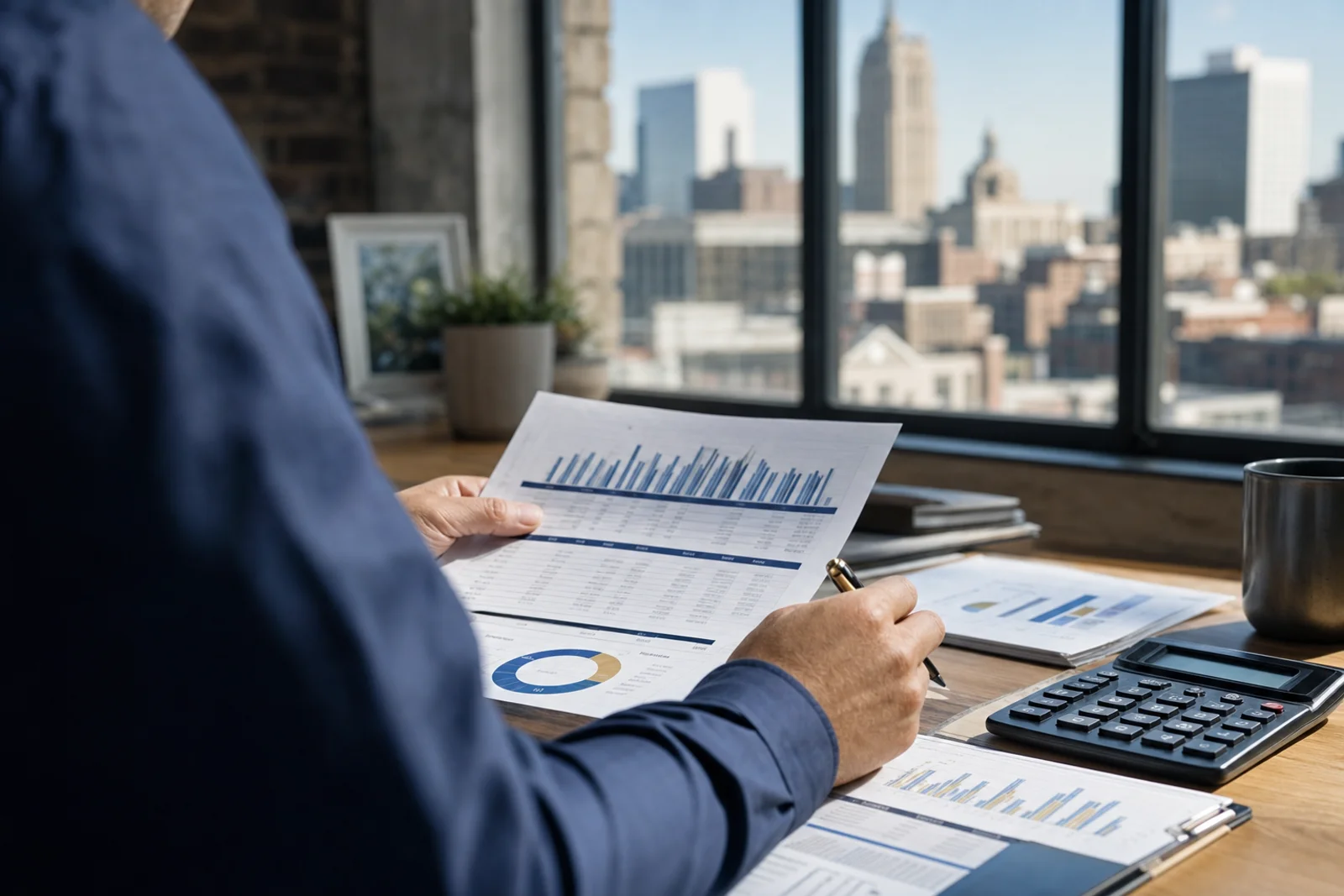 Fort Wayne business owner analyzing cash flow statements and financial reports